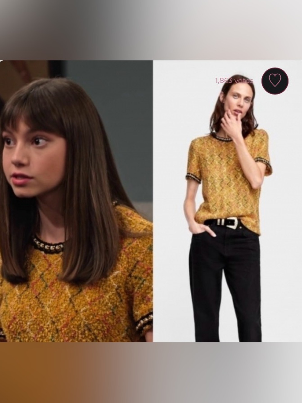 Zara Mustard Short-Sleeve Textured Knit Top with Multicolor Diamond Pattern